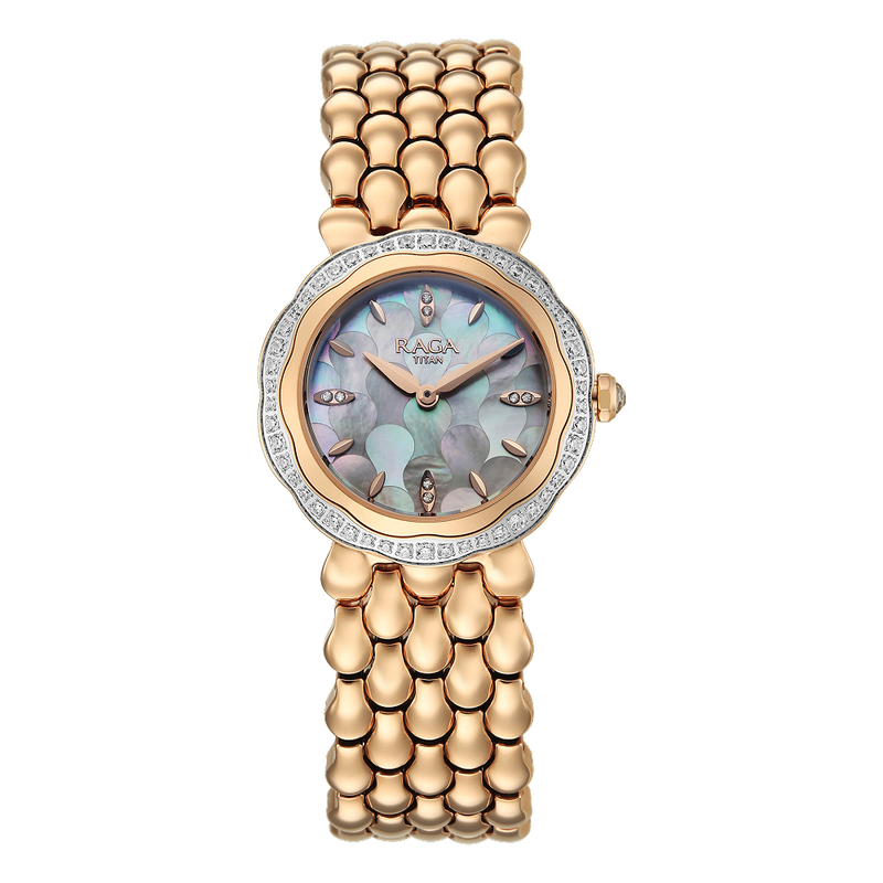 Titan Raga Paris, with Love  Analog White Mosaic Pattern Mother of Pearl Dial Red Stainless Steel Strap Watch For Women