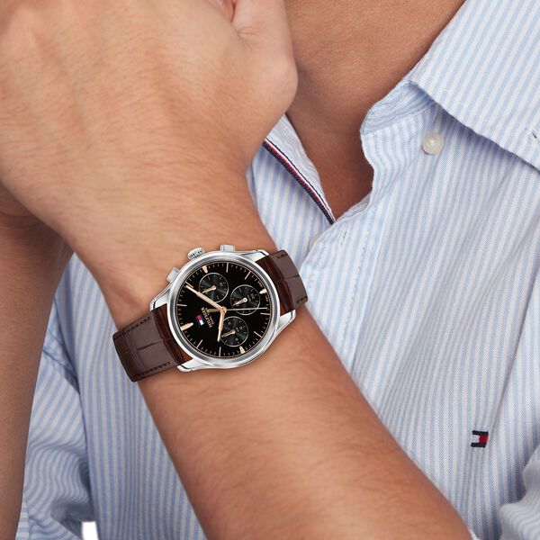 Tommy Hilfiger Quartz Multifunction Black Dial Brown Leather Strap Watch For Men - image number 4