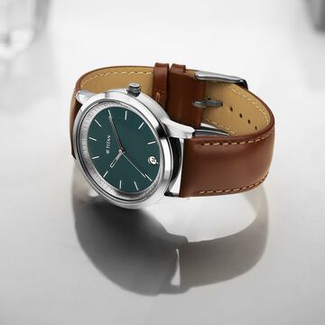 Titan Wrist Wit Quartz Analog with Date Blue Dial Leather Strap Watch for Men