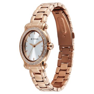 Titan Purple Glamour Quartz Analog Silver Dial Rose Gold Stainless Steel Strap Watch For Women