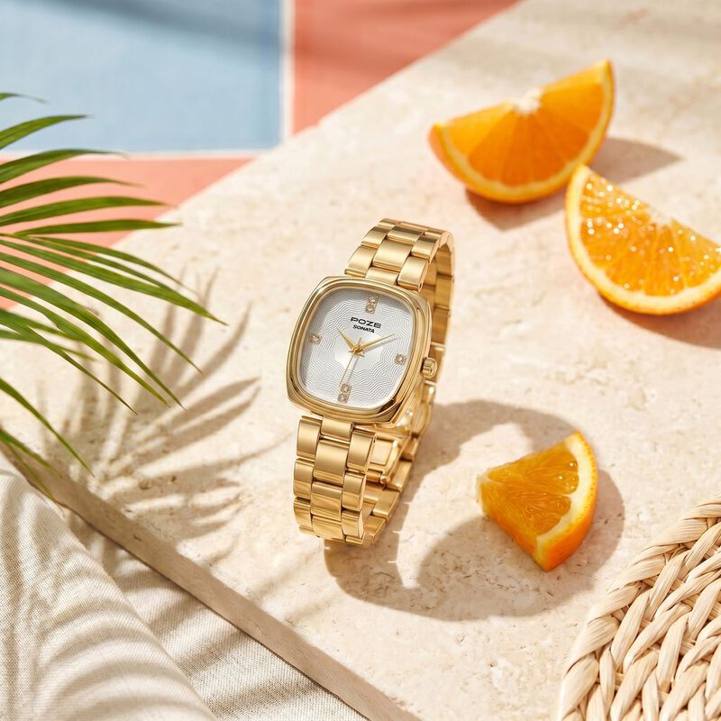 Poze By Sonata Quartz Analog White Dial Golden Stainless Steel Strap Watch For Women
