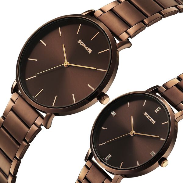 Sonata Soulmate Quartz Analog Brown Dial Brown Stainless Steel Strap Watch For Couple - image number 4