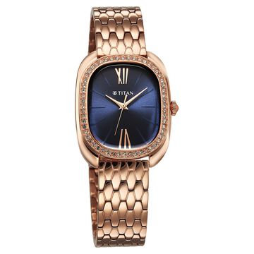 Titan Purple Glamour Quartz Analog Blue Dial Rose Gold Stainless Steel Strap Watch For Women