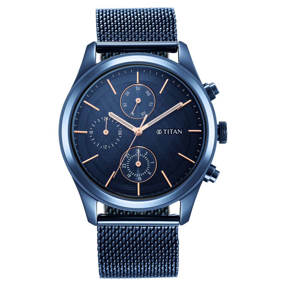 Buy Online Titan Men s Sartorial Neo Splash Blue Dial Multifunction Watch with Mesh Strap ns1805qm02 Titan