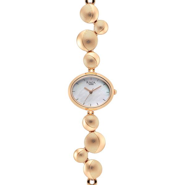 Titan Raga Power Pearls Quartz Analog Mother of Pearl Round Shaped Dial Rose Gold Metal Strap Watch For Women - image number 2