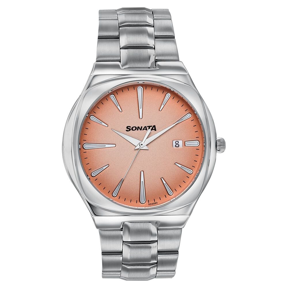 Sonata Festive Quartz Analog Pink Dial Silver Metal Strap Watch For Men-image-39