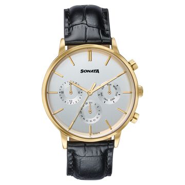 Sonata Festive Quartz Multifunction Two Toned Dial Black Leather Strap Watch For Men