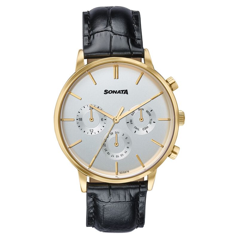 Sonata Festive Quartz Multifunction Two Toned Dial Black Leather Strap Watch For Men