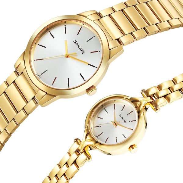 Sonata Quartz Analog Silver Dial Stainless Steel Strap Watch for Couple - image number 2