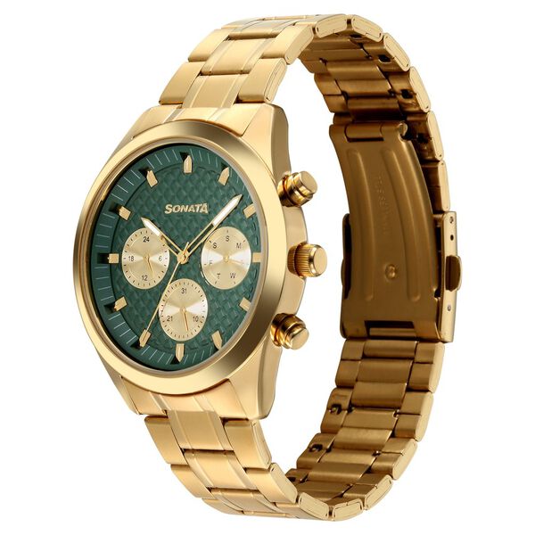 Sonata Multifunction Green Dial Golden Metal Strap Watch For Men - image number 2