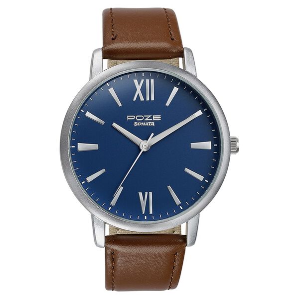 Sonata Poze Quartz Analog Blue Dial Brown Leather Strap Watch For Men - image number 1