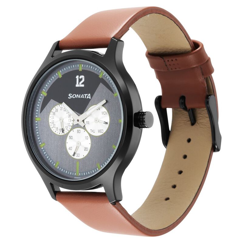 Sonata Force Quartz Multifunction Grey Dial Leather Strap Watch for Men - image number 1