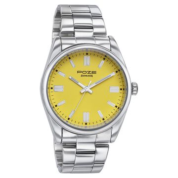 Sonata Poze Quartz Analog Yellow Dial Silver Metal Strap Watch For Men