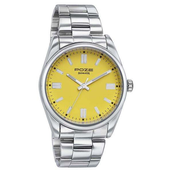 Sonata Poze Quartz Analog Yellow Dial Silver Metal Strap Watch For Men - image number 2