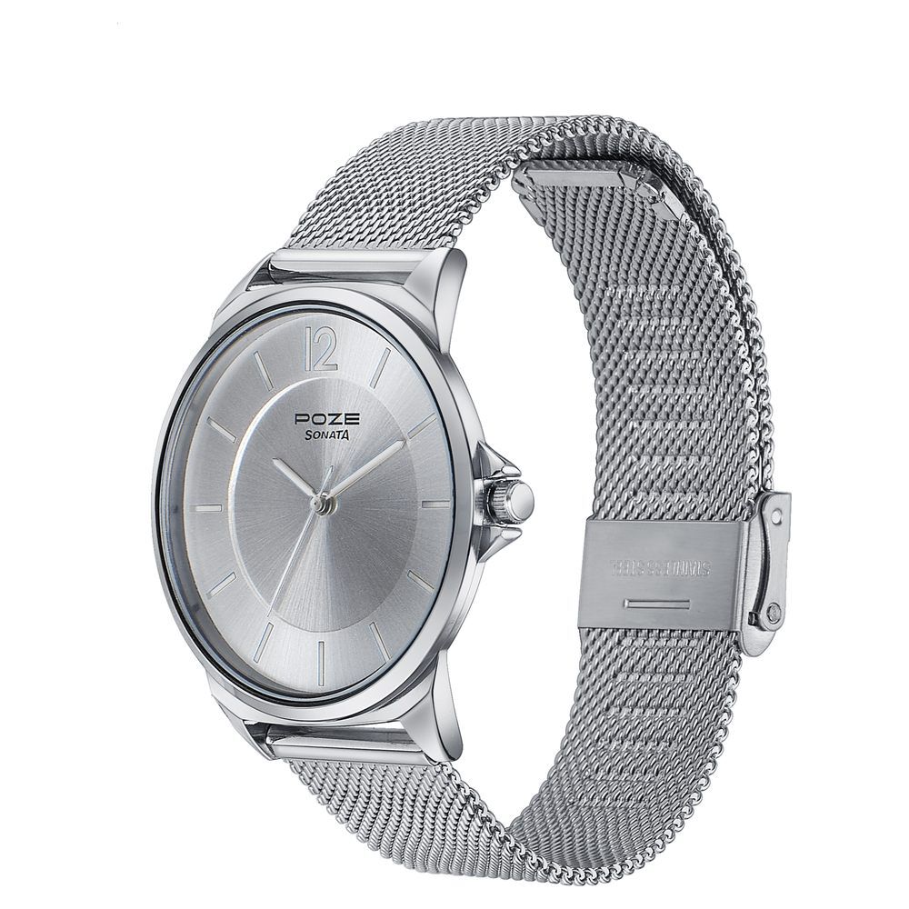 Buy Online Sonata Poze Quartz Analog Silver Dial Silver Color Stainless Steel Strap Watch For Men sp70042sm01 Titan
