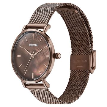 Sonata Quartz Analog Brown Dial Brown Stainless Steel Strap Watch For Women