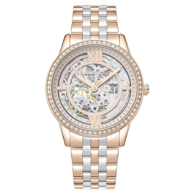 Kenneth Cole Automatic Automatic Rose Gold Dial Two Toned Stainless Steel Strap Watch For Women