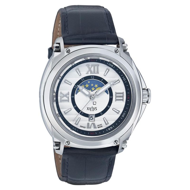 Xylys Swiss Analog Moonphase Black Leather Strap and White Dial Watch For Men