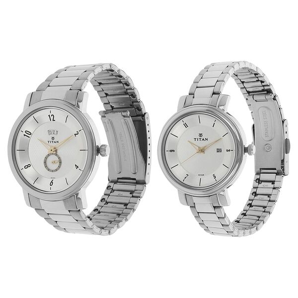 Titan Quartz Analog with Date Silver Dial Stainless Steel Strap Watch for Couple - image number 1