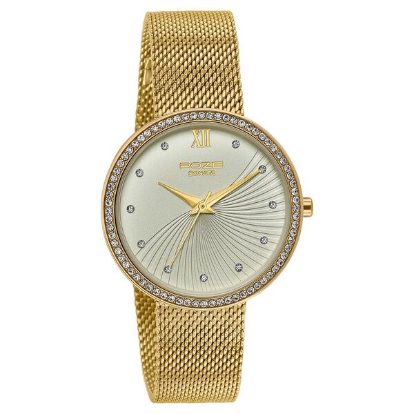Poze By Sonata Quartz Analog Golden Dial Golden Metal Strap Watch For Women - image number 2