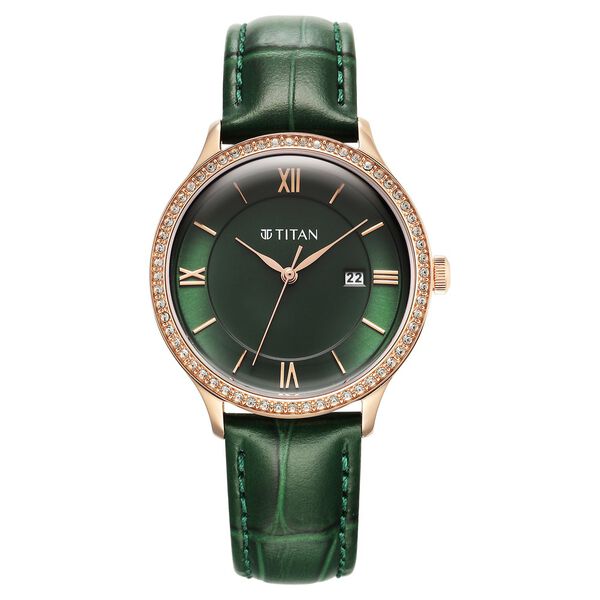 Titan Bright Leathers Green Dial Analog with Date Leather Strap Watch for Women - image number 0