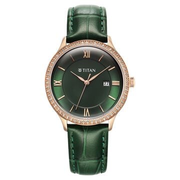 Titan Bright Leathers Green Dial Analog with Date Leather Strap Watch for Women