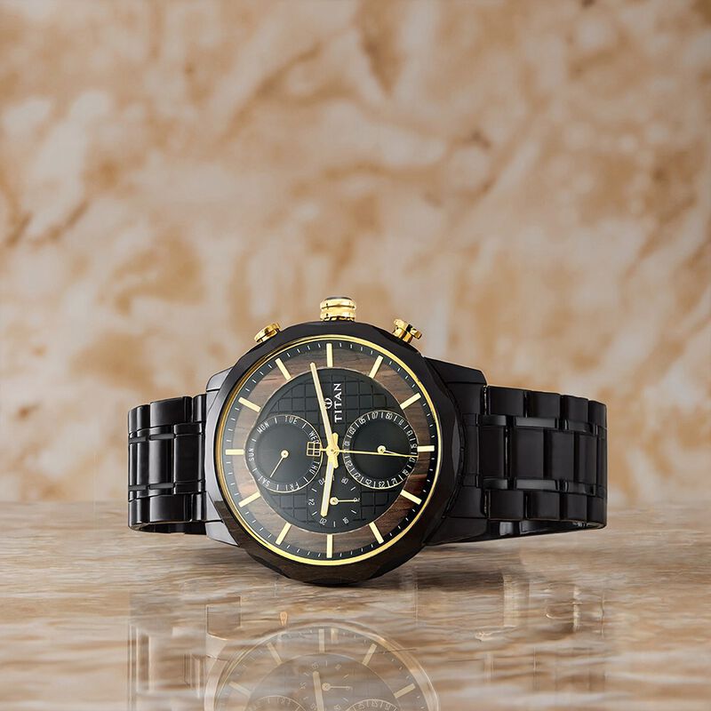 Titan Quartz Multifunction Black Dial Metal Strap Watch for Men