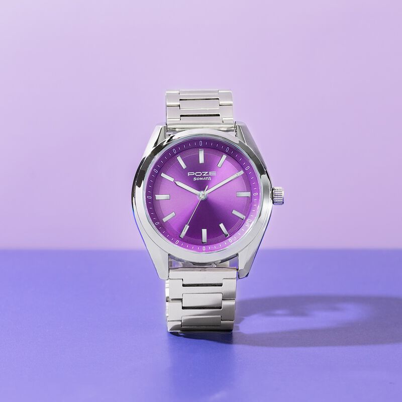 Sonata Poze Quartz Analog Purple Dial Metal Strap Watch For Men
