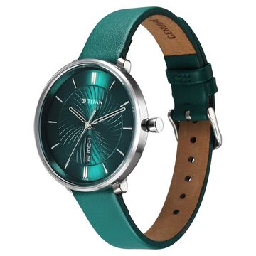Titan Neo Analog with Day and Date Green Dial Green Color Leather Strap Watch For Women