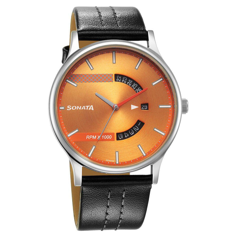 Buy Online Sonata RPM Yellow Dial Leather Strap Watch for Men