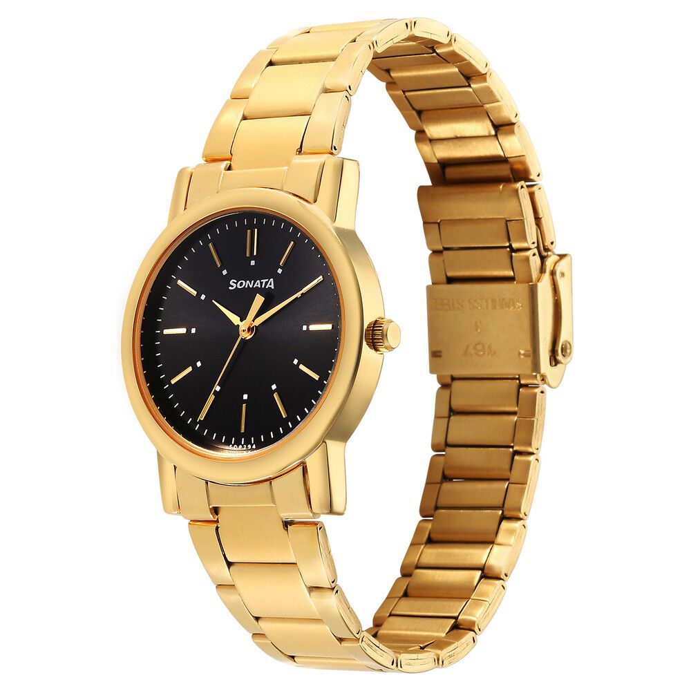 Buy Online Sonata Classic Quartz Analog Black Dial Golden Stainless Steel Strap Watch for Men 7987ym12w Titan