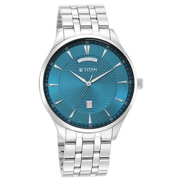 Titan Opulent Blue Dial Analog with Day and Date Stainless Steel Strap watch for Men