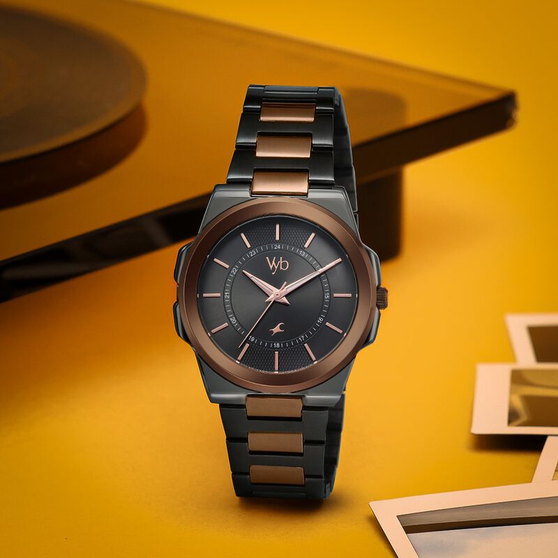 Vyb Nimbus By Fastrack Quartz Analog Grey Dial Two Toned Stainless Steel Strap Watch For Guys