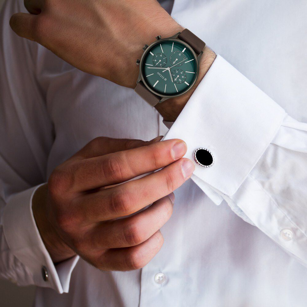 Buy Online Titan Quartz Multifunction Green Dial Leather Strap Watch for Men ns90134ql01 Titan
