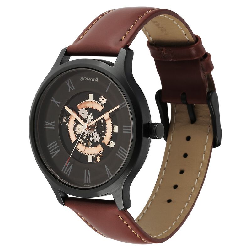 Buy Online Sonata Unveil Quartz Analog Black Dial Leather Strap Watch