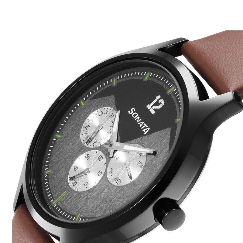 Sonata Force Quartz Multifunction Grey Dial Leather Strap Watch for Men - image number 4