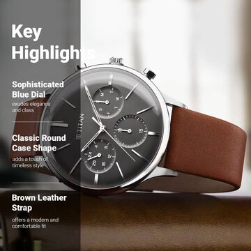 Titan Light Leathers Multifunction Black Dial Brown Leather Strap Watch For Men