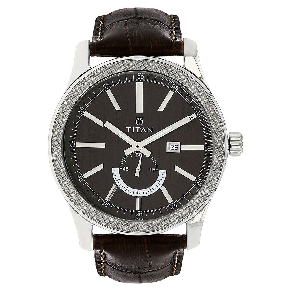 Buy Online Titan Quartz Analog with Date Brown Dial Leather Strap