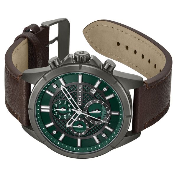 Police Chronograph Green Dial Brown Color Leather Strap Watch For Men - image number 2