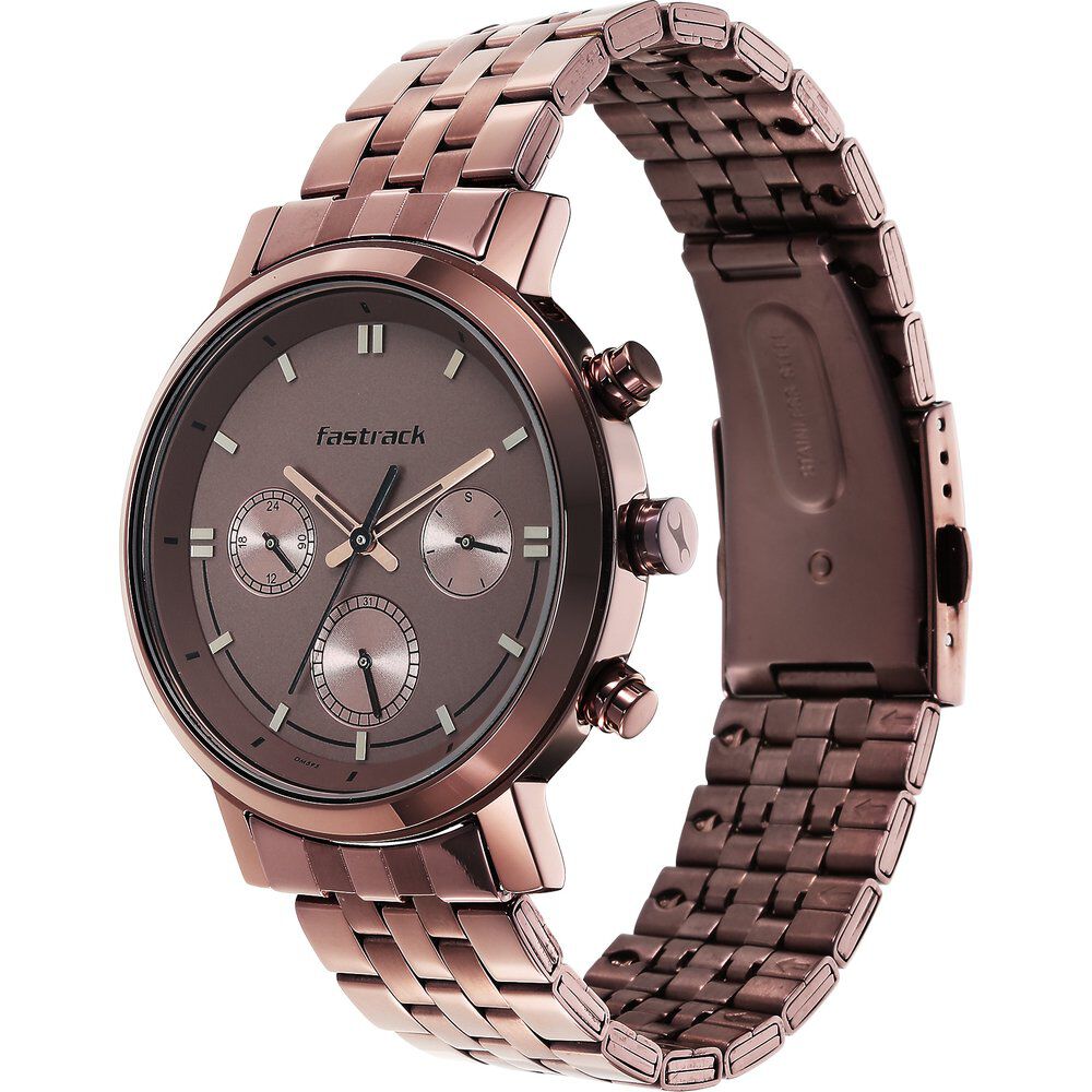 Buy Online Fastrack Tick Tock Quartz Multifunction Brown Dial Metal Strap Watch for Guys ns3287qm01 Titan