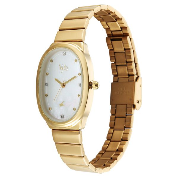 Vyb Enigma By Fastrack Quartz Analog Mother of Pearl Dial Golden Metal Strap Watch For Girls - image number 4