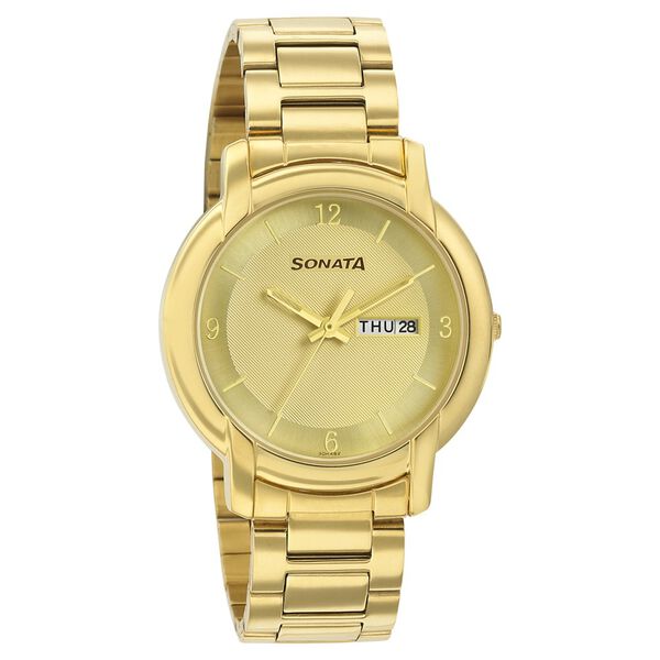 Sonata Quartz Analog with Day and Date Champagne Dial Stainless Steel Strap Watch for Men - image number 0