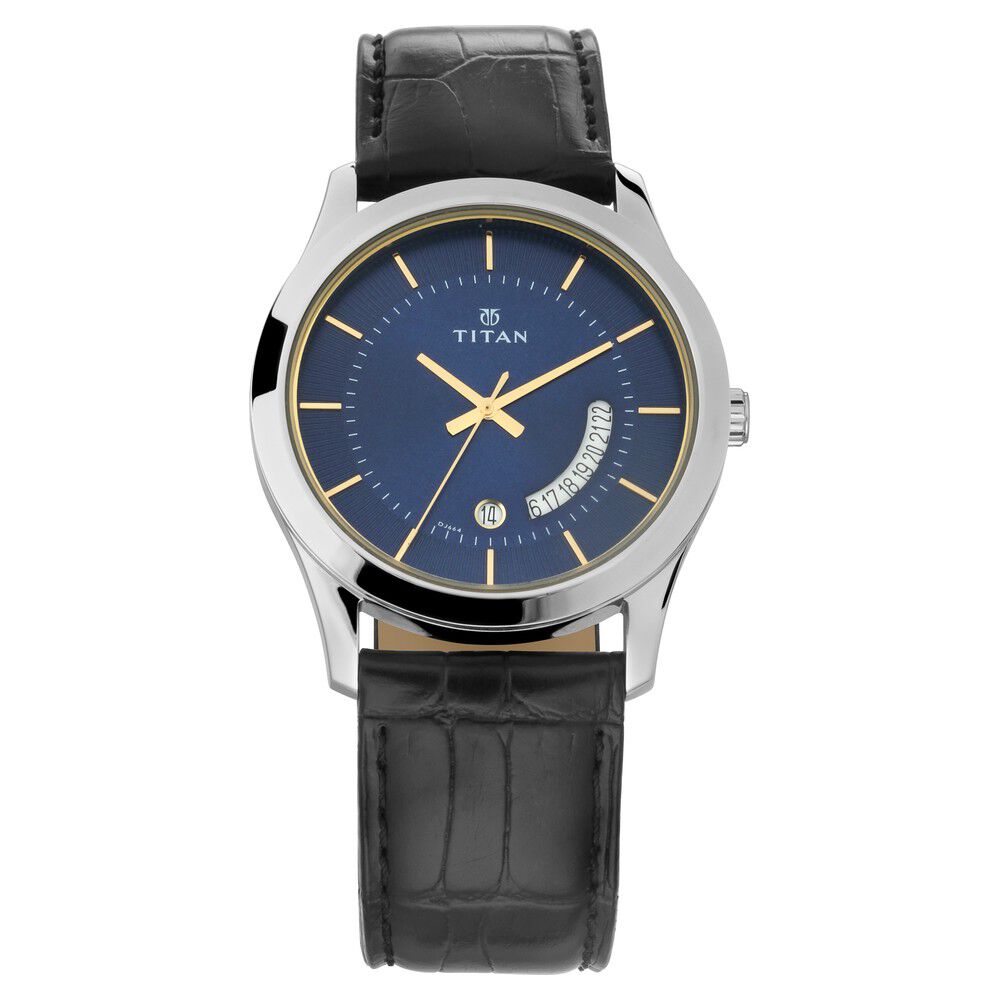 Buy Online Titan Quartz Analog with Date Black Dial Leather Strap