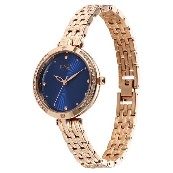 Titan Raga Showstopper Quartz Analog Blue Dial Rose Gold Metal Strap Watch For Women - image number 2