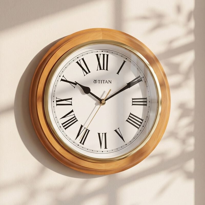 Titan Wooden Classic White Dial Round Wall Clock with Pine Wood Frame & Silent Sweep | 30 cm x 30 cm x 4.3 cm