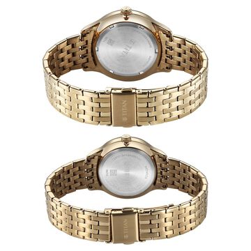 Titan Modern Bandhan Pair Analog with White Dial Yellow Gold Stainless Steel Strap Watch for Couples
