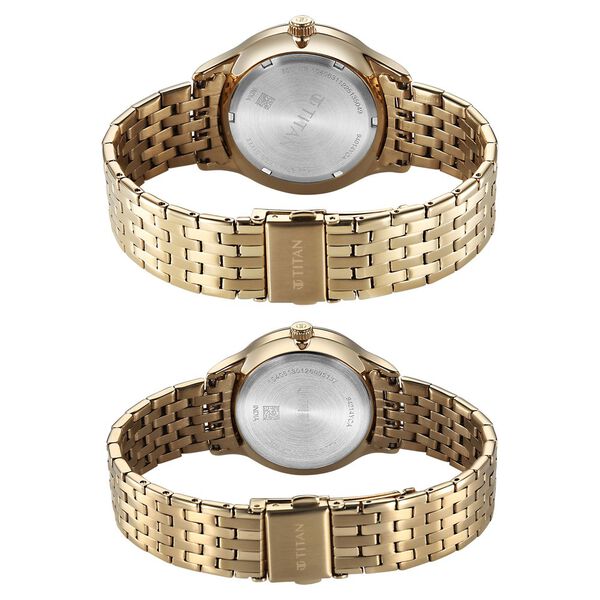 Titan Modern Bandhan Pair Analog with White Dial Yellow Gold Stainless Steel Strap Watch for Couples - image number 4