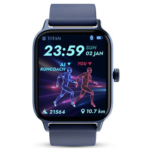 Titan Traveller with 4.52 cm AMOLED Display, BT Calling, India's First FitVerse Smartwatch with Blue Leather Strap - image number 0