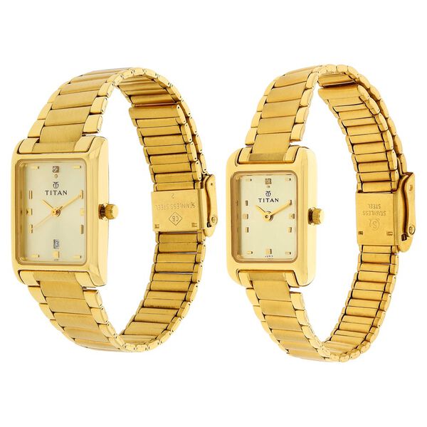 Titan Quartz Analog with Date Champagne Dial Stainless Steel Strap Watch for Couple - image number 1