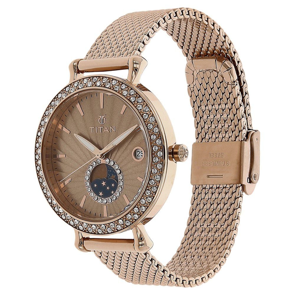 Buy Online Titan Quartz Analog Moonphase Rose Gold Dial Stainless Steel Strap Watch for Women nk95015wm01 Titan